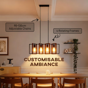 Luminaire suspendu linéaire style ferme, avec 4 abat-jour rotatifs et hauteur réglable, finition noyer