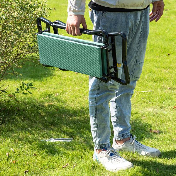 Folding garden stool with seat and knee rest, dark green
