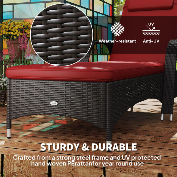 Chaise longue with headrest, 5-level adjustable, backrest, casters, deep coffee and wine red