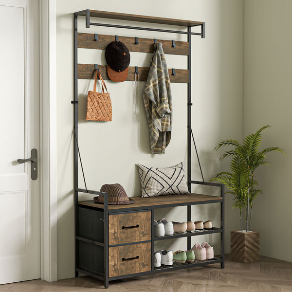 6-in-1 Entryway Cabinet with Bench and Shoe Rack, Rustic Brown