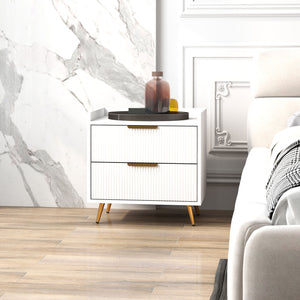 Bedside table with 2 drawers and gold metal legs, white