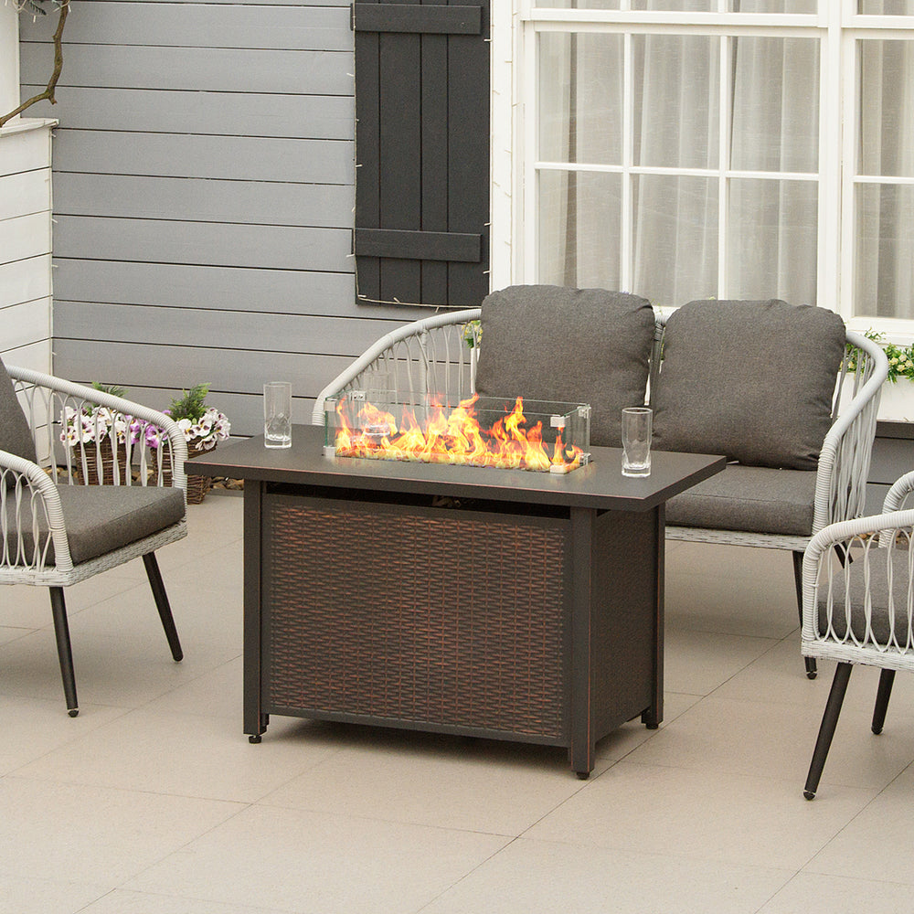 43" Outdoor Propane Gas Fire Pit Table, Wicker Patio Gas Firepit w/ Glass Wind Guard, 50,000 BTU CSA Certified Bronze