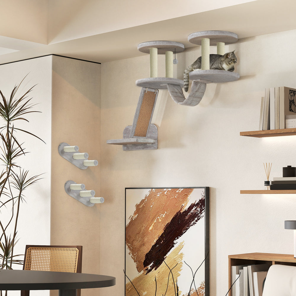 Wall-mounted cat shelves with scratching post, perches, steps and ladder, light grey