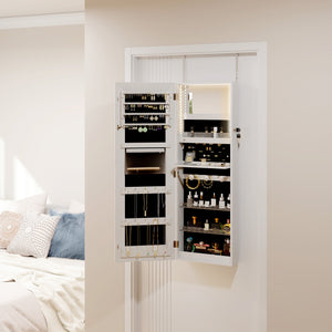 Jewelry cabinet with LED lighting and mirror, wall mounted, white