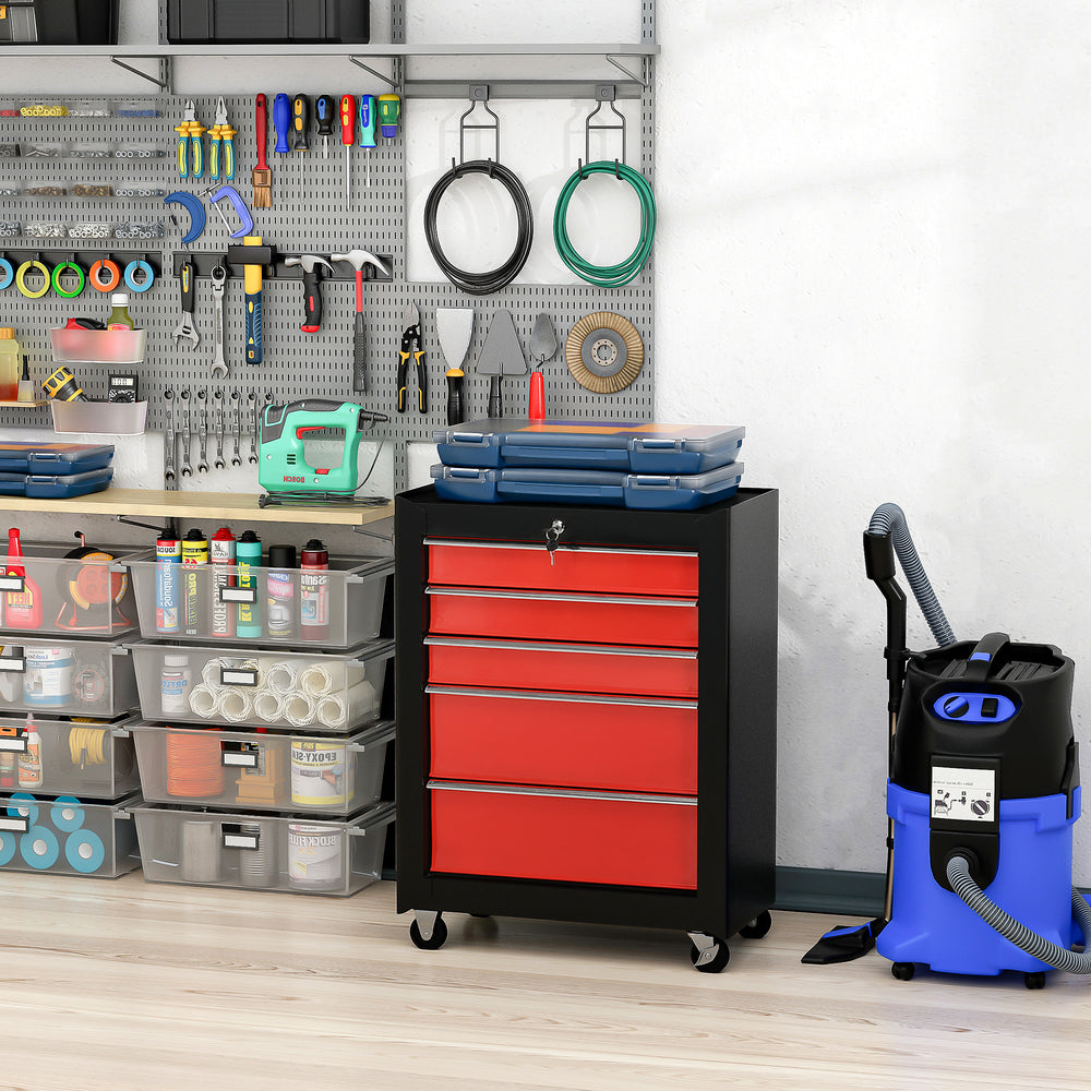 Mobile steel tool chest with 5 lockable drawers and casters – Black and red