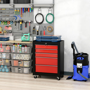 Mobile steel tool chest with 5 lockable drawers and casters – Black and red