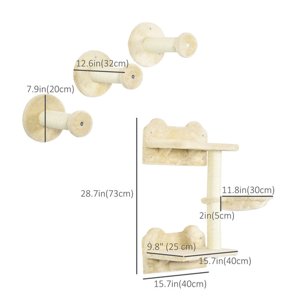 Wall-mounted cat shelf with scratching post and hammock, beige