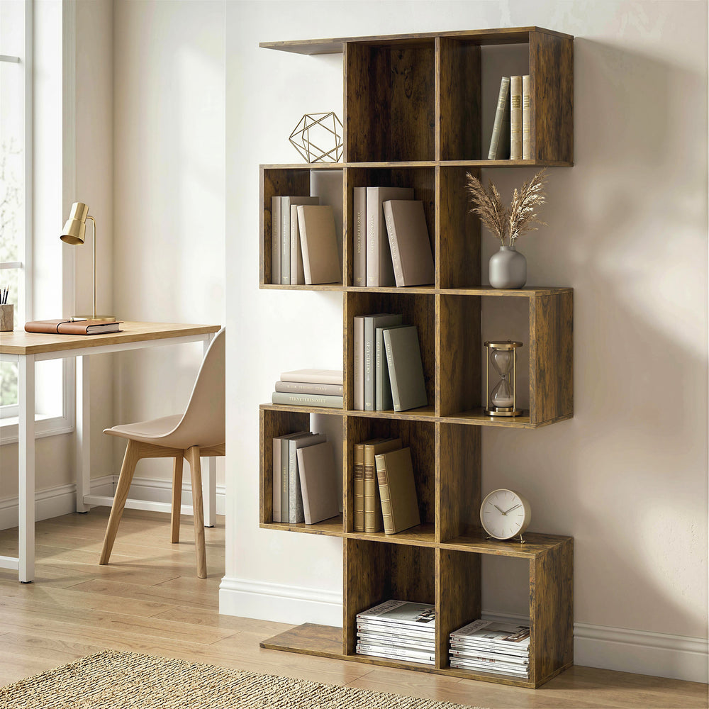 5-Tier Geometric S-Shaped Bookshelf with 15 Compartments, Rustic Brown