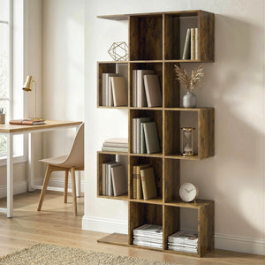 5-Tier Geometric S-Shaped Bookshelf with 15 Compartments, Rustic Brown