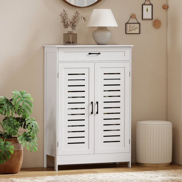 Shoe cabinet with louvered doors, drawer and adjustable shelves, white