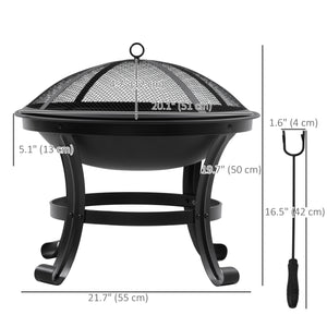 Outdoor Fire Pit with Mesh Cover, Poker, for Camping, Bonfire, Picnic, Black