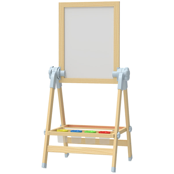 Double-sided wooden art easel with height-adjustable chalkboard and magnetic whiteboard, natural