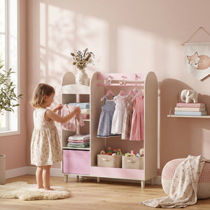 Children's wardrobe with illuminated mirror, hanging rail and storage, white/pink
