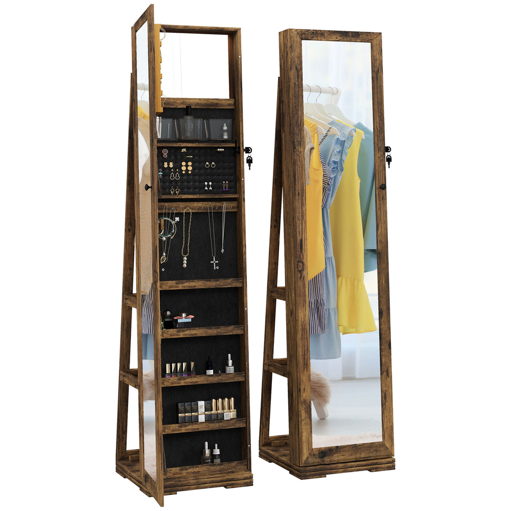 360° Rotating Jewelry Cabinet, Lockable, with Built-in Mirror, Rustic Brown