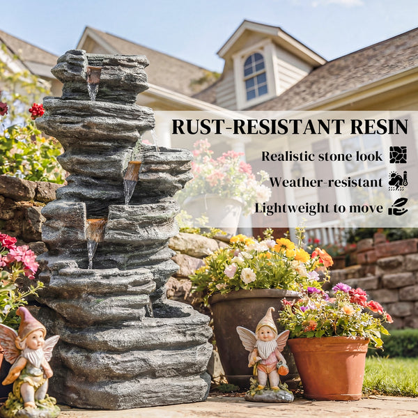 6-Tier Outdoor Fountain with LED Lighting, Resin with Pump, Grey