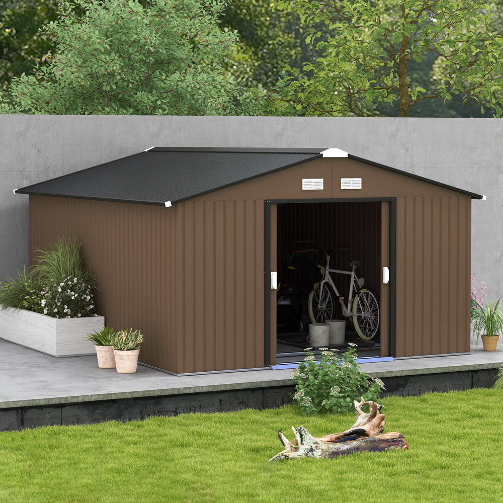 Metal garden shed with foundation kit included, brown