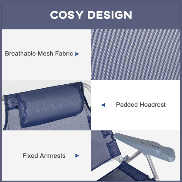 Set of 2 beach chairs, camping chairs with adjustable backrest and headrest, dark blue