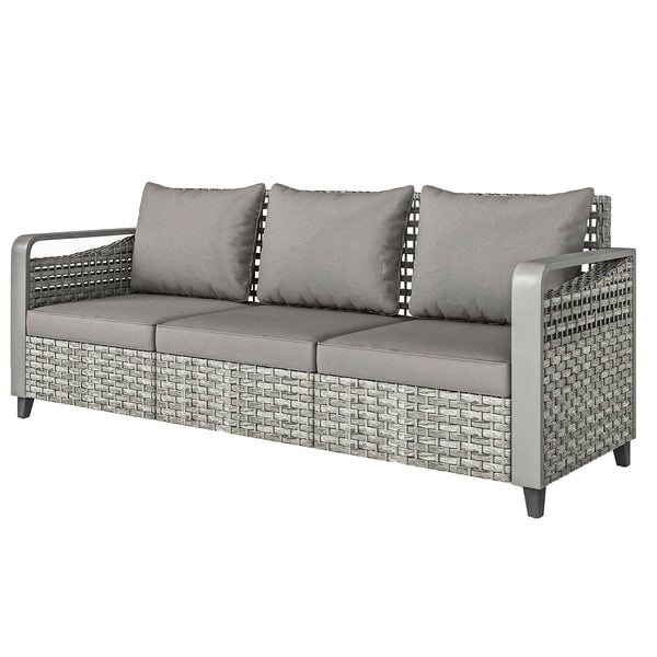 3-seater outdoor braided rattan sofa with cushions, grey