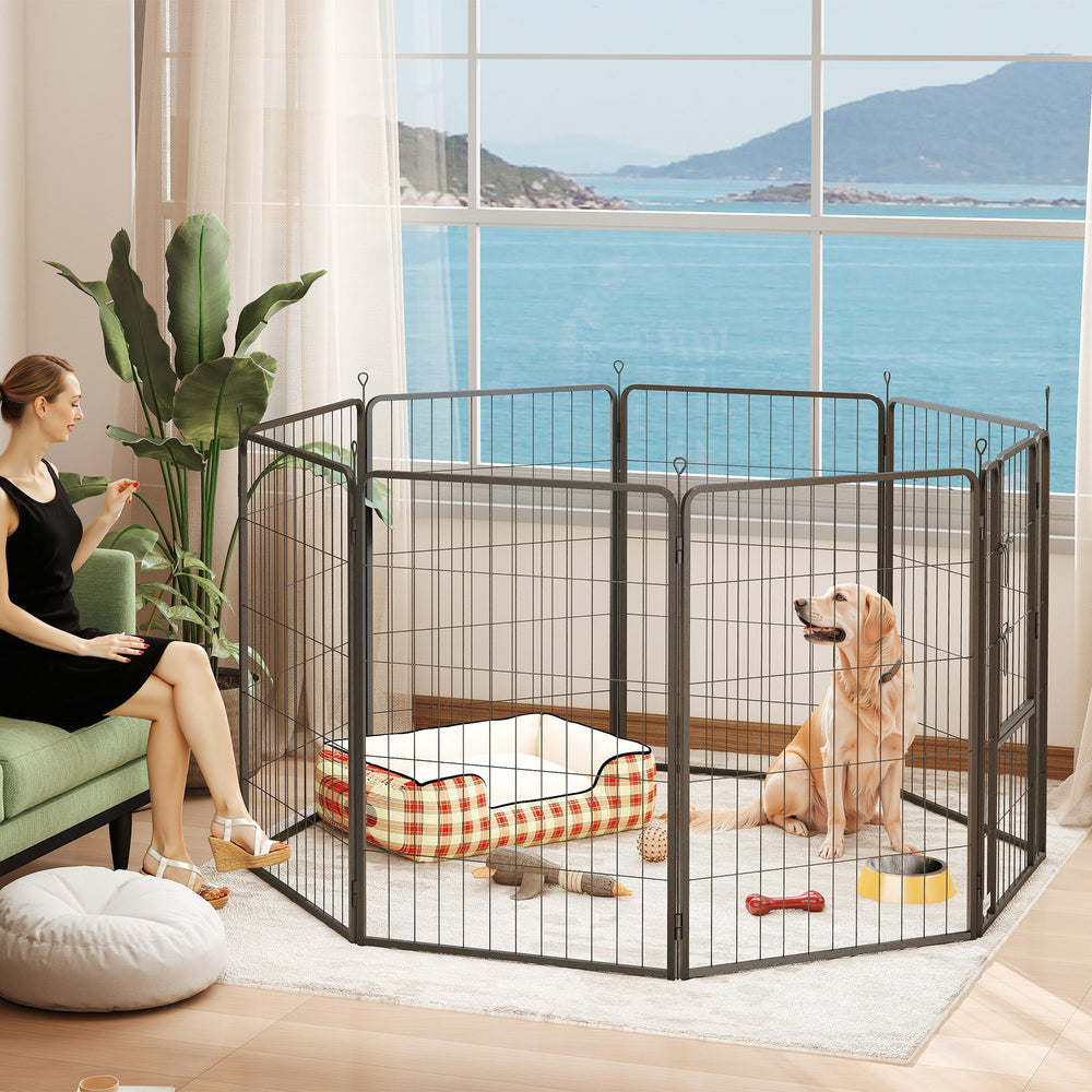 Dog Playpen, Indoor/Outdoor, Portable and Foldable, 8 Panels, with Door and Strap, for Large Dogs