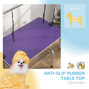 Adjustable Dog Grooming Table with 2 Safety Straps and Storage Basket, Purple
