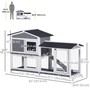 Two-tier wooden hutch with ramp and outdoor run, grey