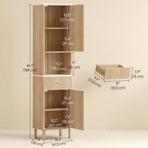 Oak-effect tall bathroom cabinet with 2 cupboards, drawer and open shelf, Oak effect