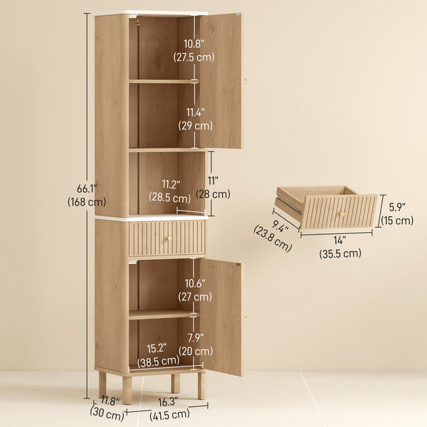 Oak-effect tall bathroom cabinet with 2 cupboards, drawer and open shelf, Oak effect