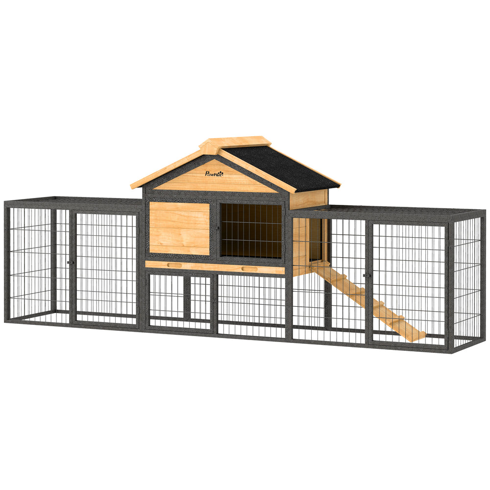 Outdoor hutch with run, removable plastic tray, asphalt roof and access ramp