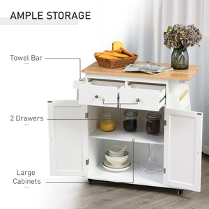 Rolling Kitchen Cart with Rubber Wood Top, 3-Tier Spice Rack and Towel Rack, White.