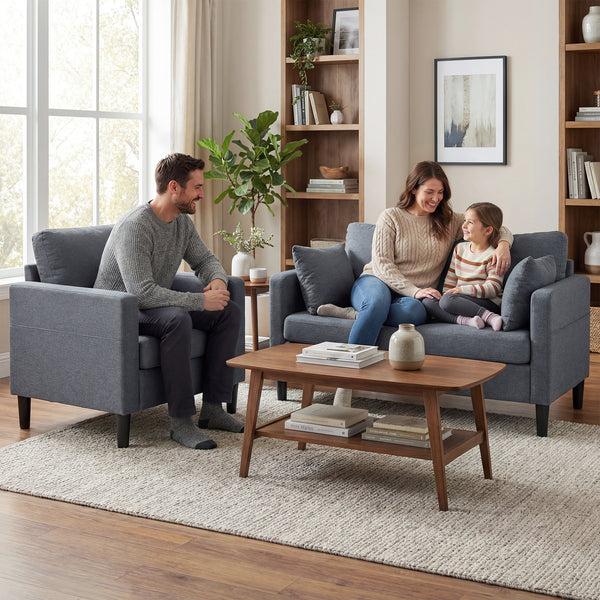 Two-seater sofa, modern linen upholstery, spring cushions, 2 pillows, dark grey
