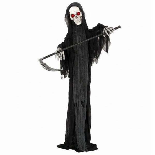 6 ft. Animated Halloween Reaper with Scythe, Red LED Eyes, Sounds and Motion – Black