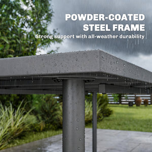 Outdoor dining table for 6 people, made of metal with a slatted top.