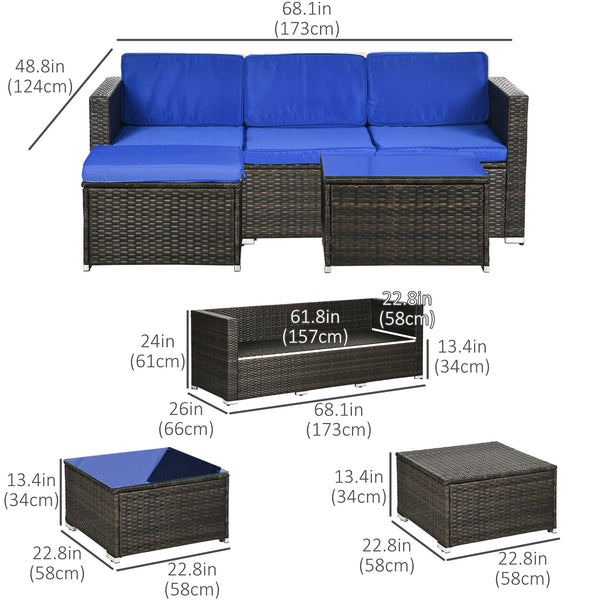 3 Pieces Patio Furniture Set with Cushions, Outdoor PE Rattan Wicker Conversation Corner Sofa Set with Glass Top Table and Adjustable Foot for Garden, Lawn, Blue