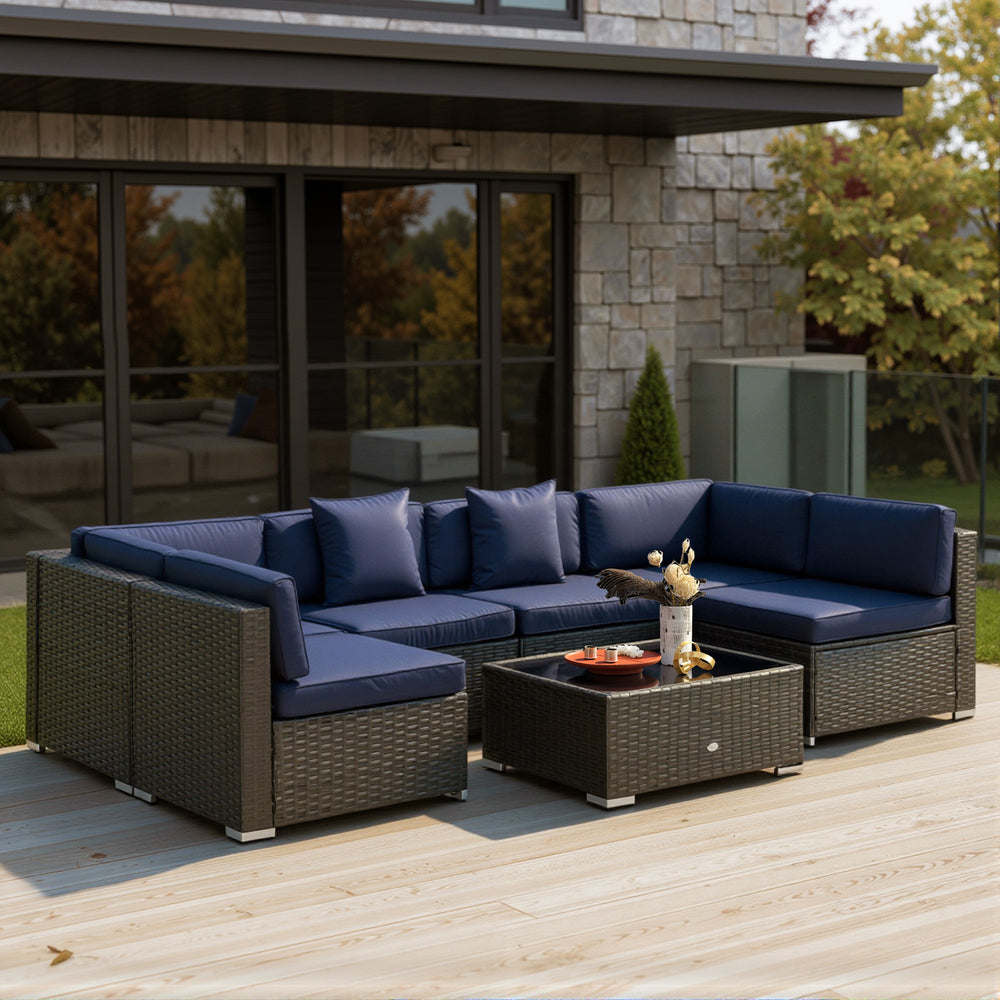 7-piece rattan patio furniture set, modular furniture, navy blue