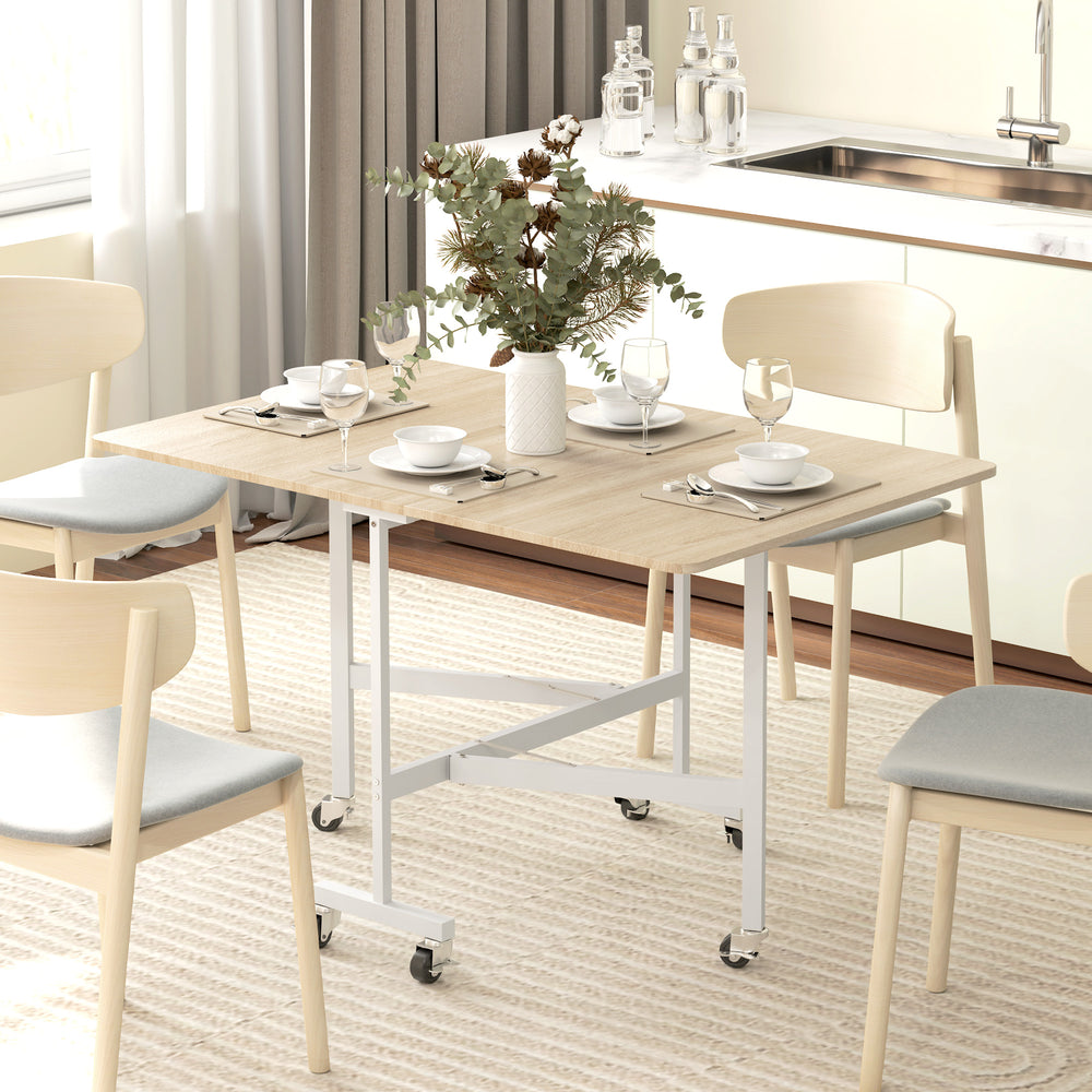 Folding drop-leaf dining table on wheels for 6 people – Oak and white