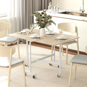 Folding drop-leaf dining table on wheels for 6 people – Oak and white