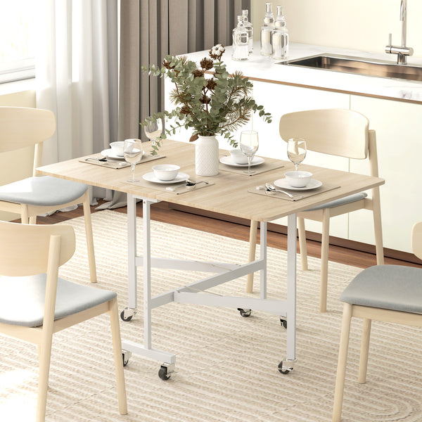Folding drop-leaf dining table on wheels for 6 people – Oak and white