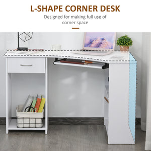 L-Shaped Desk with Keyboard Tray for Small Spaces with Shelves, White