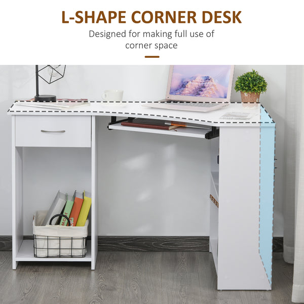 L-Shaped Desk with Keyboard Tray for Small Spaces with Shelves, White