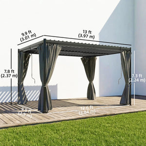 10 x 13 louvered pergola, steel roof and curtains, drainage gutters, grey