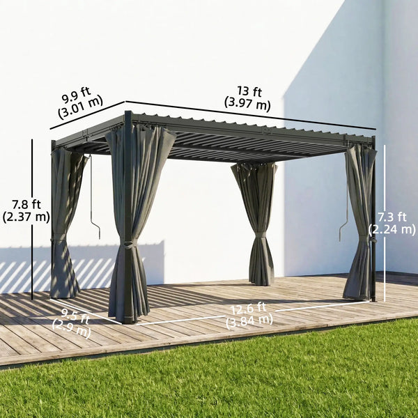 10 x 13 louvered pergola, steel roof and curtains, drainage gutters, grey
