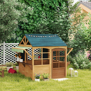Foldable Wooden Outdoor Playhouse with Functional Door, Rain Cover, Chalkboards, Brown