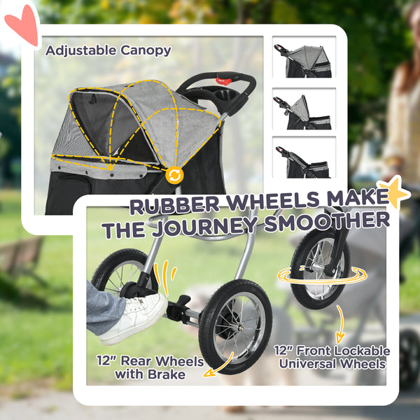 3-Wheel Foldable Small Dog Stroller with Adjustable Canopy, Grey