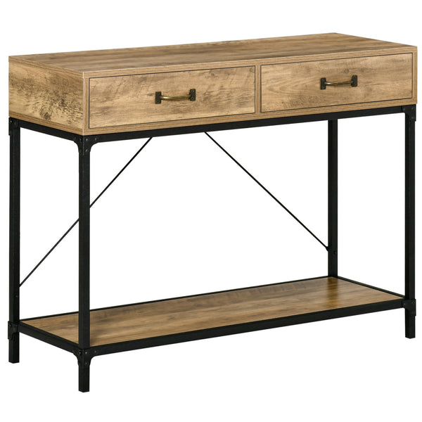 Entrance console table with drawers and storage shelf, brown