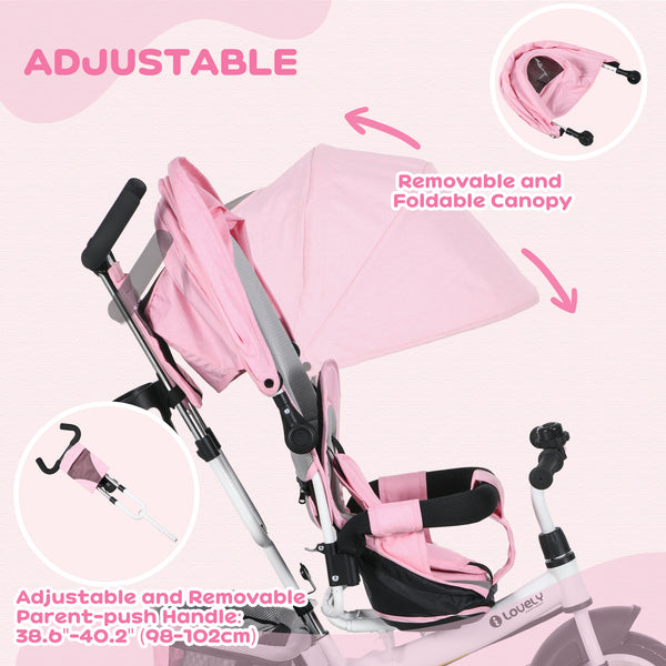 6 in 1 Toddler Tricycle with Parent Handle, Pink