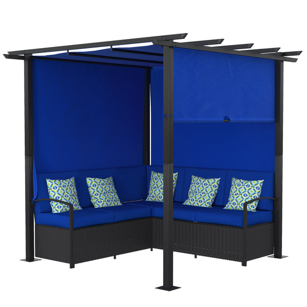 Wicker resin garden furniture set with retractable pergola, blue