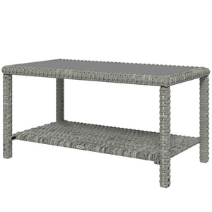 Outdoor coffee table in woven resin with glass top and storage shelf, grey