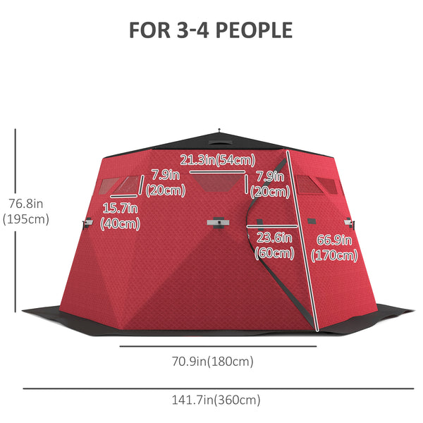 Insulated ice fishing shelter for 4 people, foldable with carry bag and two doors for temperatures down to -30°C, red