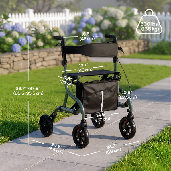 Foldable rollator walker with seat for seniors, lightweight with wheels, and adjustable handles, green