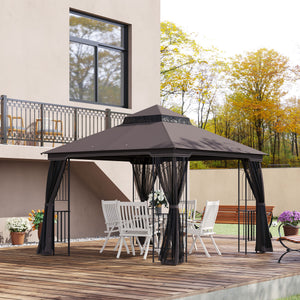 10 x 10 gazebo with double-pitched soft roof, mesh curtains, coffee color